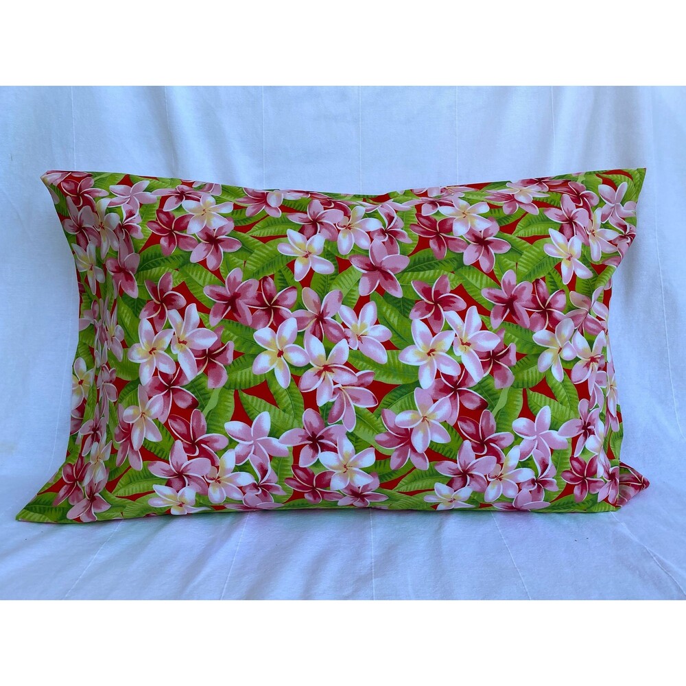 Red Pillowcase with Pink and White Plumerias | Handmade | 100% Cotton